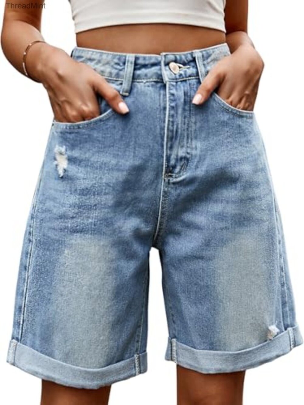 High-Mid Rise Ripped Denim Shorts with Pockets Distressed Folded Hem Casual